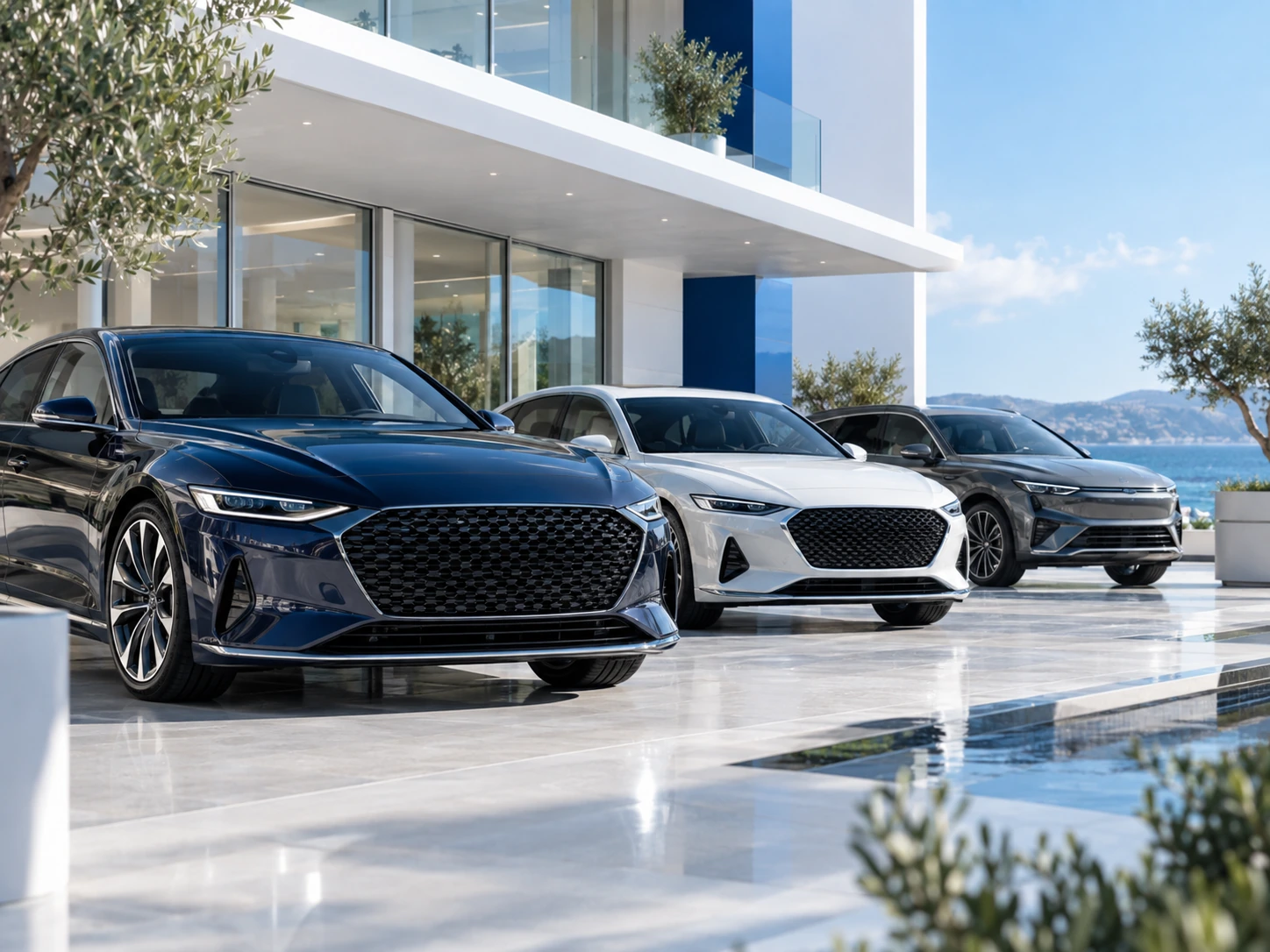Drei Fahrzeuge vor einem modernen Showroom
