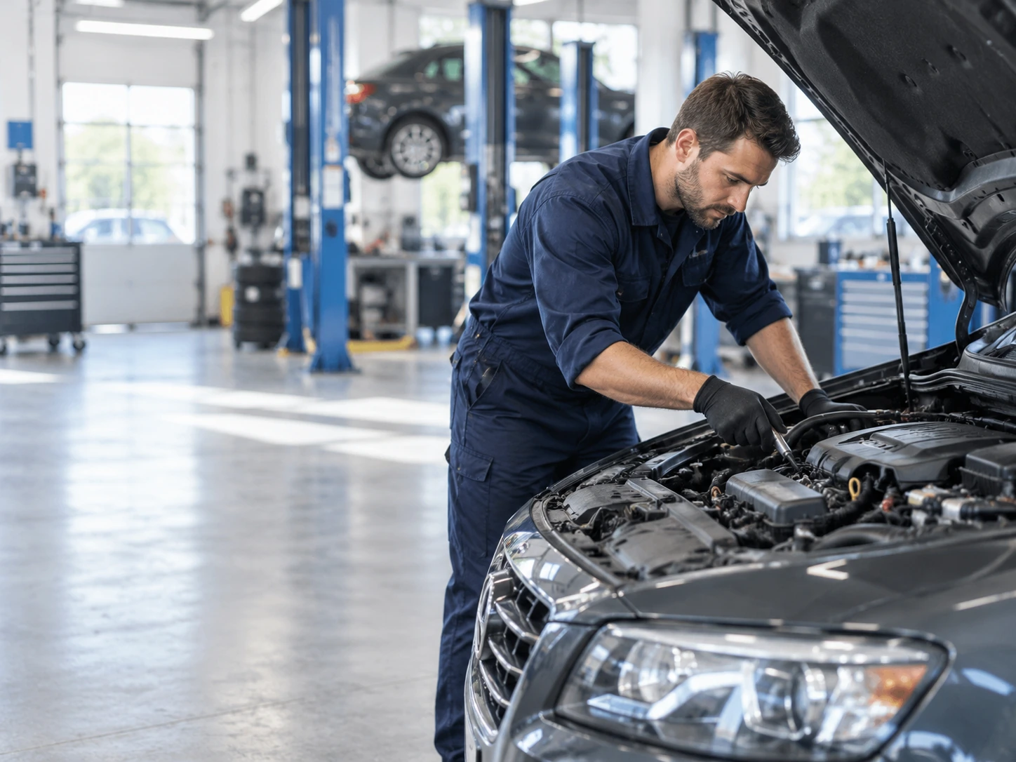Mechaniker prüft den Motorraum eines Pkw in einer Werkstatt